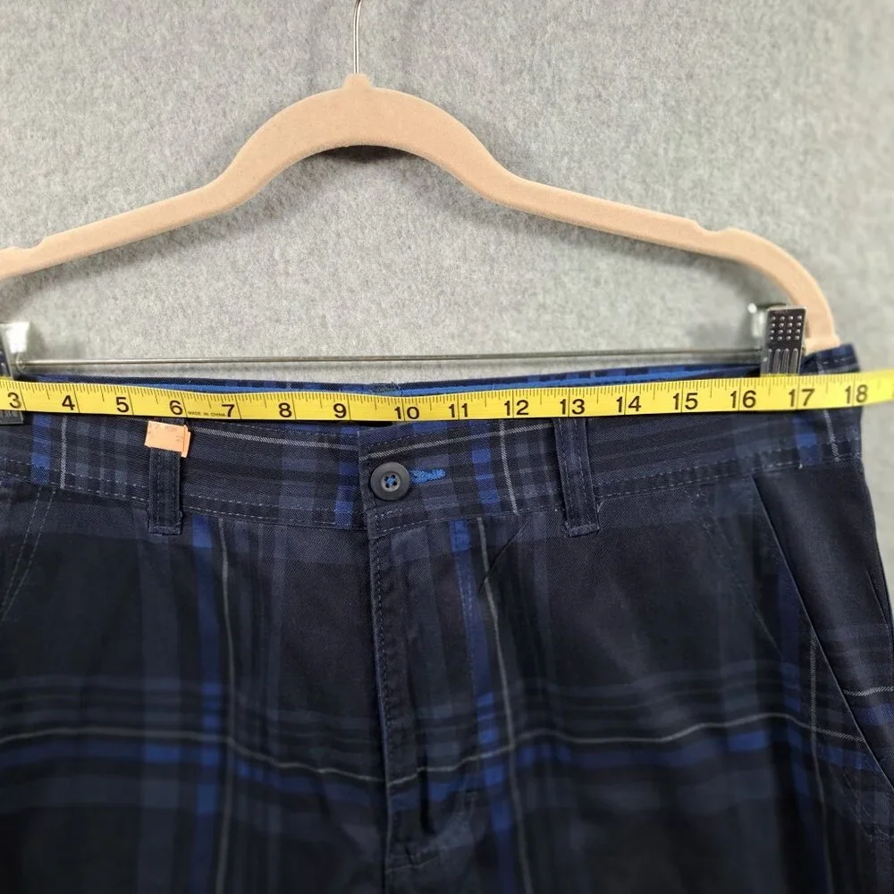 OP Ocean Pacific Mens 34-36 Black Blue Plaid 100% Cotton Casual Shorts Zip Flat
